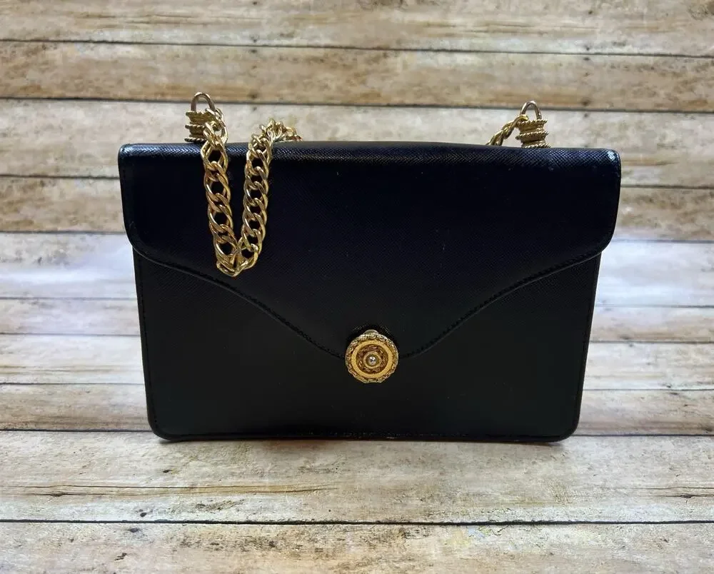 Vintage 1960s Black Cross-Grain Leather Envelope Evening Bag Gold Chain Clasp